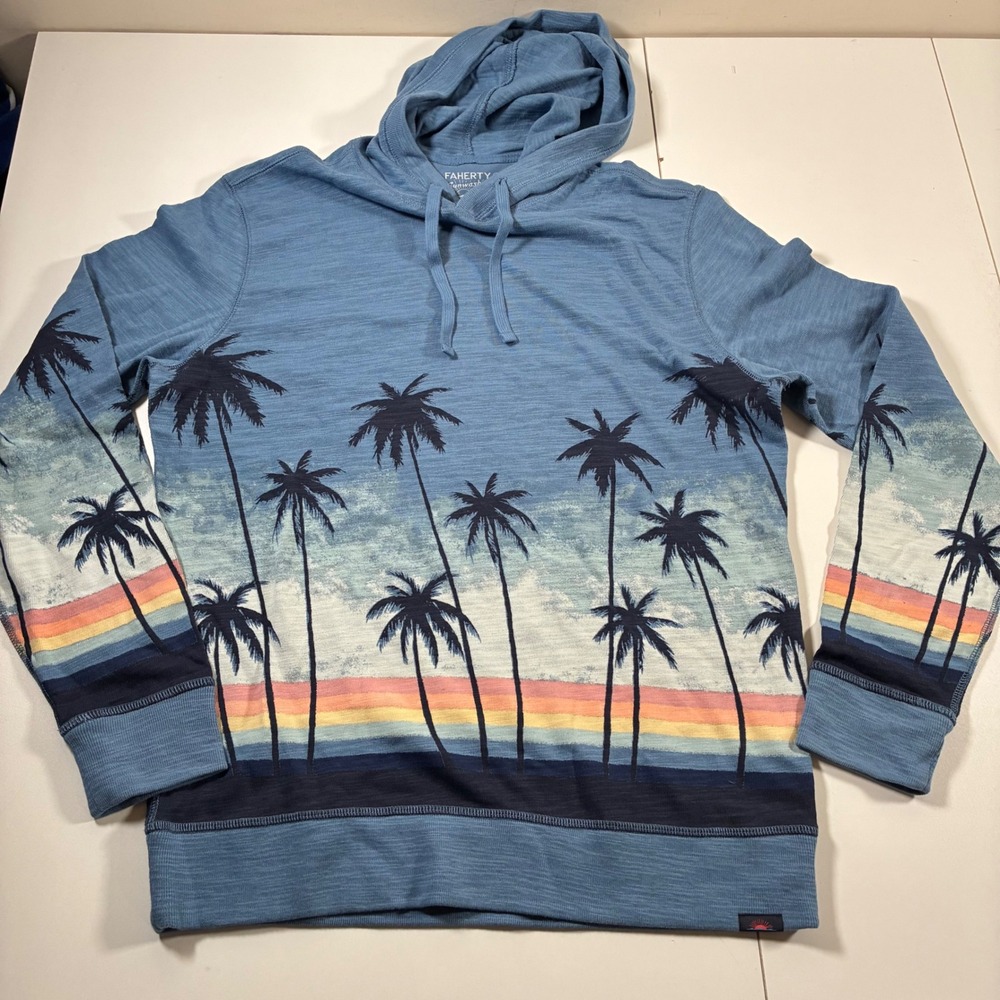 NEW Faherty Hoodie Medium Blue Sunwashed Palm Tree Sunset All Over Print AOP